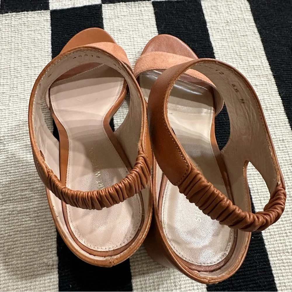 Stuart Weitzman Cognac Two-Strap Block Heel Slingbacks
